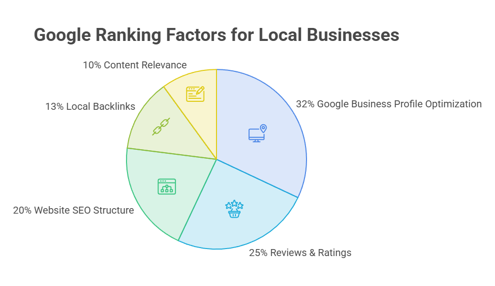 Pie chart showing the most important Google ranking factors for local businesses, including Google Business Profile optimization (32%), reviews and ratings (25%), website SEO structure (20%), local backlinks (13%), and content relevance (10%).