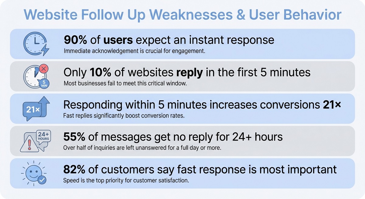 Infographic showing website follow up gaps: 90% of users expect instant responses, only 10% of websites reply within 5 minutes, replying within 5 minutes increases conversions 21×, 55% of messages wait 24+ hours, and 82% of customers say fast responses matter most. Infographic showing website follow up gaps: 90% of users expect instant responses, only 10% of websites reply within 5 minutes, replying within 5 minutes increases conversions 21×, 55% of messages wait 24+ hours, and 82% of customers say fast responses matter most.Infographic showing website follow up gaps: 90% of users expect instant responses, only 10% of websites reply within 5 minutes, replying within 5 minutes increases conversions 21×, 55% of messages wait 24+ hours, and 82% of customers say fast responses matter most.