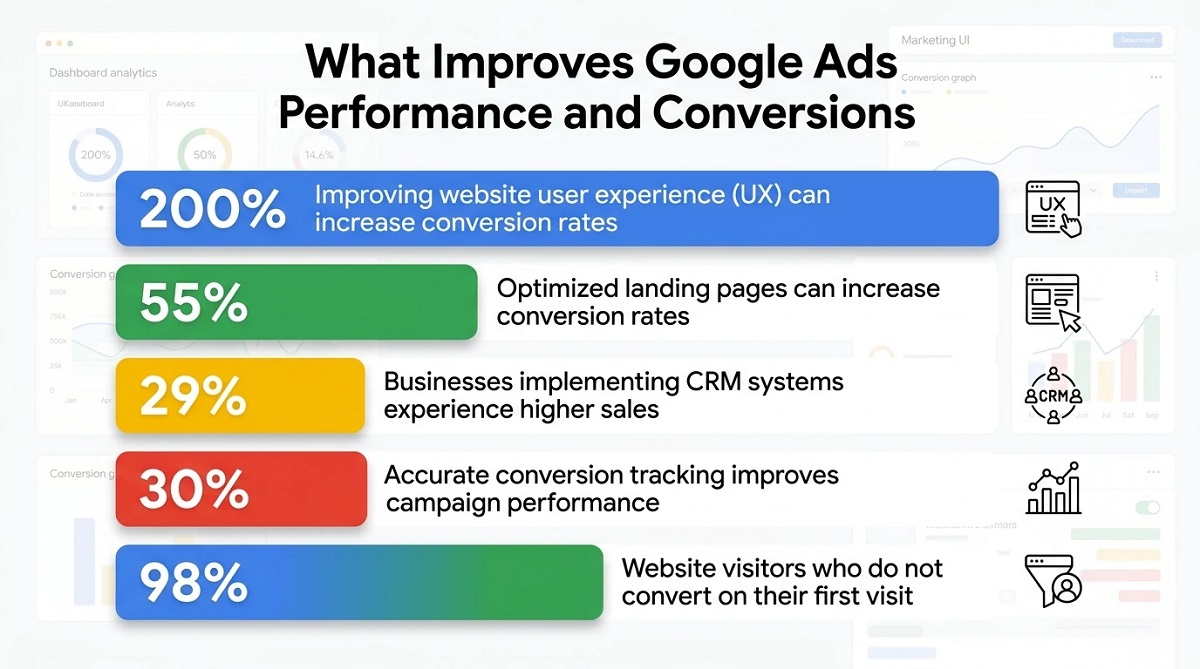 Infographic showing statistics on factors that improve Google Ads performance, including UX improvements, optimized landing pages, CRM adoption, accurate conversion tracking, and visitor behavior percentages. Infographic showing statistics on factors that improve Google Ads performance, including UX improvements, optimized landing pages, CRM adoption, accurate conversion tracking, and visitor behavior percentages.