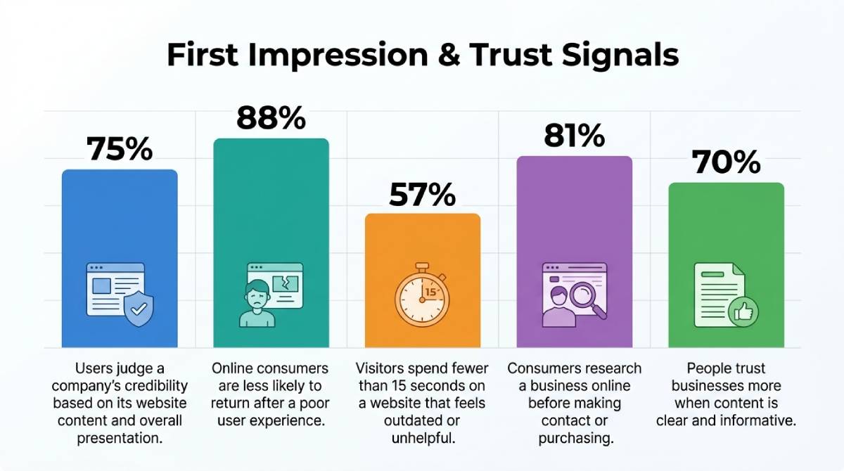 Infographic showing five stats about trust signals: 75% judge credibility by website content, 88% don’t return after a poor experience, 57% leave in under 15 seconds on outdated sites, 81% research businesses online, and 70% trust clear, informative content. Infographic showing five stats about trust signals: 75% judge credibility by website content, 88% don’t return after a poor experience, 57% leave in under 15 seconds on outdated sites, 81% research businesses online, and 70% trust clear, informative content.