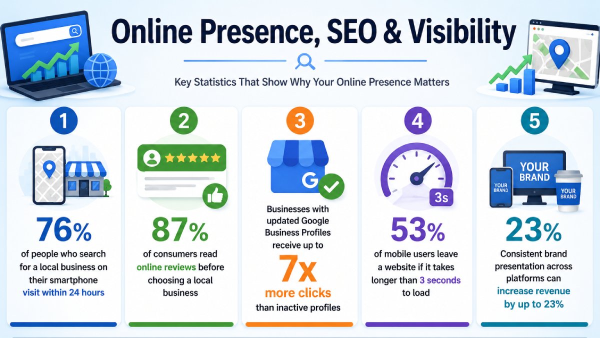 Infographic showing key online presence, SEO, and visibility statistics, including local search behavior, online reviews, Google Business Profile performance, website speed, and brand consistency.