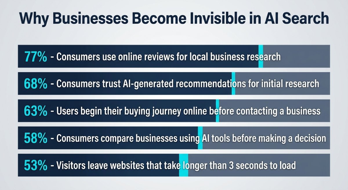 Infographic titled “Why Businesses Become Invisible in AI Search” listing five stats: 77% use online reviews for local research, 68% trust AI recommendations for initial research, 63% start the buying journey online, 58% compare businesses using AI tools, and 53% leave sites that take over 3 seconds to load. Infographic titled “Why Businesses Become Invisible in AI Search” listing five stats: 77% use online reviews for local research, 68% trust AI recommendations for initial research, 63% start the buying journey online, 58% compare businesses using AI tools, and 53% leave sites that take over 3 seconds to load.